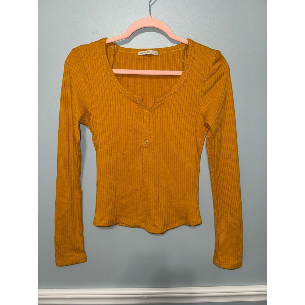 Active USA Mustard Yellow Ribbed Long Sleeve Henley Top‎ Casual Basic Layer
